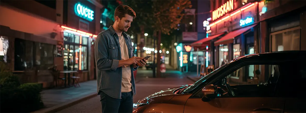 Gece saatlerinde şehir merkezindeki ışıklı sokakta TikTak aracının yanında duran bir genç, telefonuyla araç kiralama işlemi yapıyor; bu kare, TikTak’ın 7/24 erişilebilir anlık araç kiralama hizmetini vurguluyor.