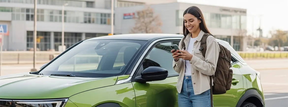 TikTak Yanında Telefon Kontrolü Yapan Kadın ve Yeşil Araba