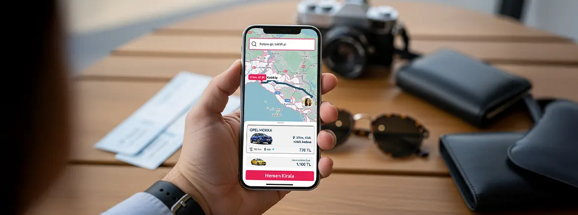 TikTak ile Araba Kiralama Haritası ve Detaylarını Gösteren Akıllı Telefon