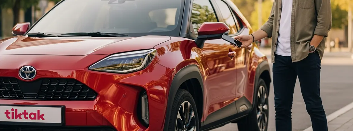 Sürücü, TikTak uygulamasıyla kredi kartı gerekmeden kırmızı Toyota’yı akıllı telefonuyla kilidini açıyor.