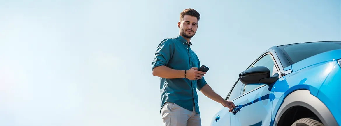 Akıllı telefonuyla mavi TikTak aracını açan sürücü, dakikalık-günlük esnek kiralama özgürlüğünü simgeliyor.
