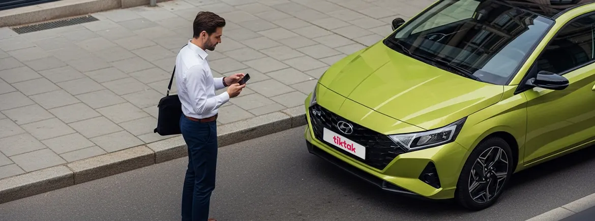 “İş insanı, TikTak uygulamasından saatlik kiraladığı lime yeşili Hyundai’nin yanında telefonuyla kiralamayı başlatıyor.