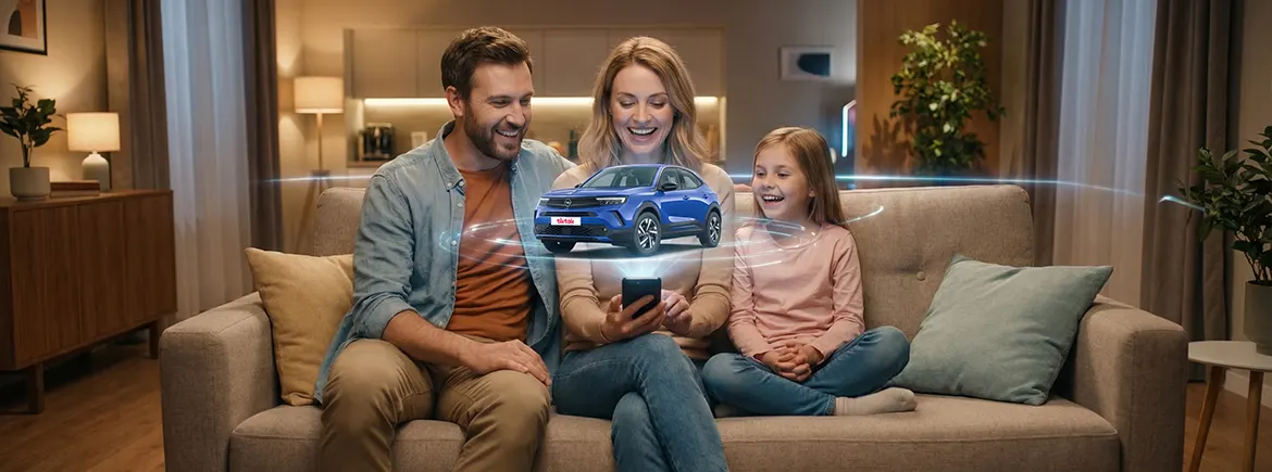 Bir genç kadın, akıllı telefonunda TikTak uygulamasından erken rezervasyon yaparken gülümseyerek araba anahtarı tutuyor.