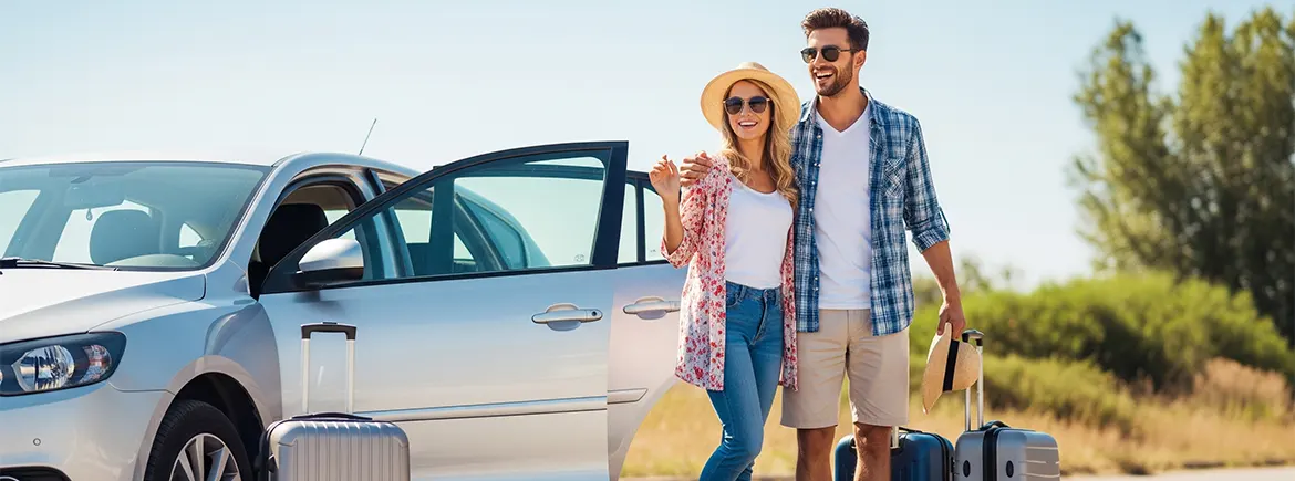 Tatil için araç kiralama hazırlığı yapan çift, valizleriyle kiralık aracın yanında – araçta olması gereken eşyalar ve tatil için araba yolculuğu çantası önerileri.