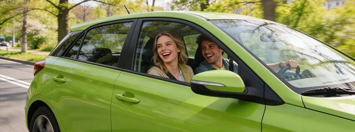 Ramazan Bayramı tatilinde TikTak uygulaması ile spontane yolculuğa çıkan bir kişi, aracın içinde gülümseyerek direksiyon başında.