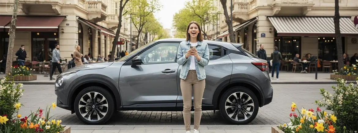 Ramazan Bayramı'nda TikTak uygulaması ile araç kiralayarak yolculuk planlayan bir kişinin akıllı telefon ekranı, güler yüzlü bir ifadeyle.