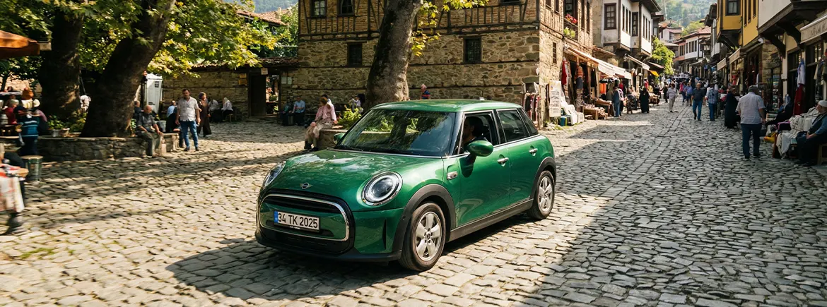 Bursa Cumalıkızık'ın tarihi taş sokaklarında hafta sonu gezisi yapan yeşil Mini Cooper ve şehir dışı seyahatler için günlük araç kiralama.