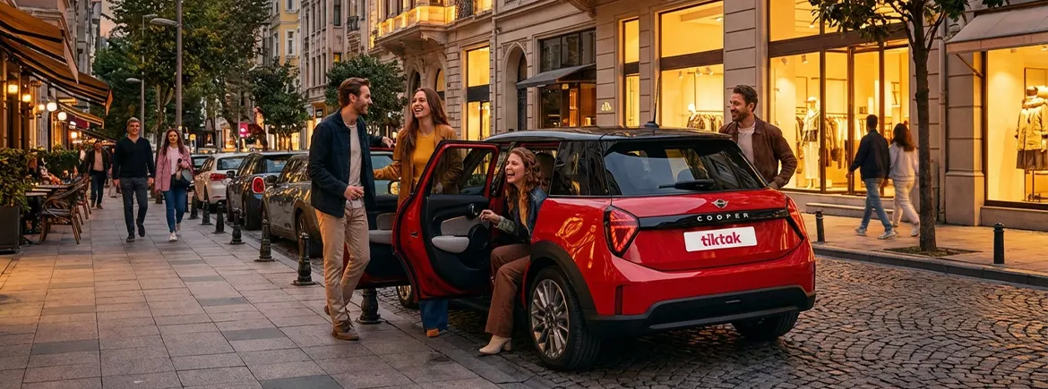 İstanbul'un şık mağazalarla dolu taş sokaklarında akşam gezmesine çıkan arkadaş grubu ve keyifli bir şehir turu için kırmızı TikTak ile günlük araç kiralama.