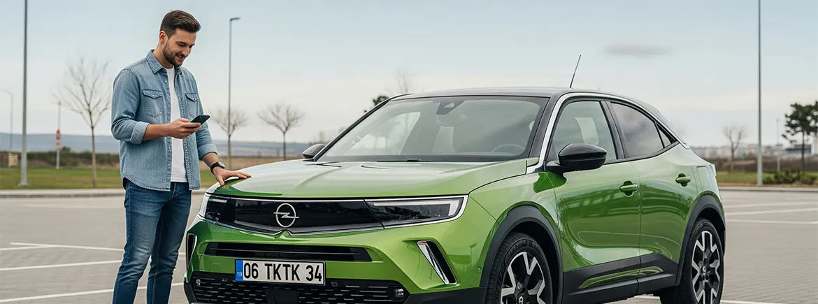 Geniş bir otoparkta yeşil Opel Mokka yanındaki sürücü, uygulama üzerinden tiktak ispark noktalarını, ücretsiz otopark alanlarını ve otopark ücret iadesi sürecini kontrol ediyor.